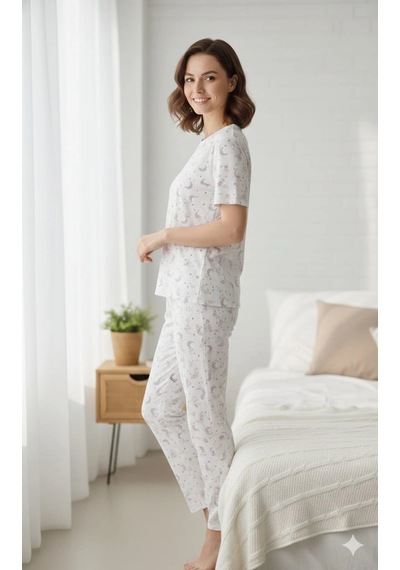 Modasehle Kadın 3'lü Kısa Kollu Yüksek Bel Bisiklet Yaka Üst Alt Şort Pijama Takım Desenli
