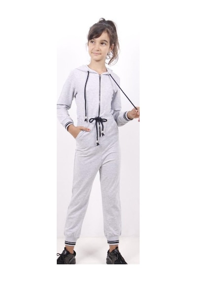 Toontoy Kids Toontoy Kız Çocuk Beli Bağçıklı Kapşonlu Tulum Gri Melanj