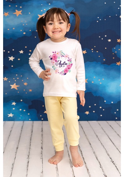 Pia Baby İsimli Kız Çocuk Pijama Takımı %100 Pamuk Penye İsme Özel Baskılı Kişiselleştirilebilir Pijama Seti 20202s14pi Krem