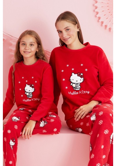 Siyah İnci Lisanslı Polar Çok Renkli Nakışlı Bisklet Yaka Pijama Takım Hk320 Kırmızı