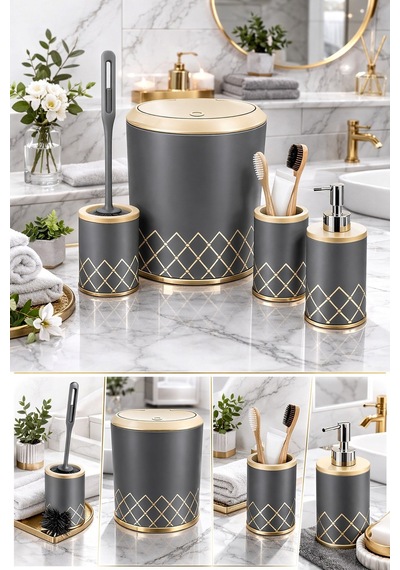 Geometrik Zikzak Desenli 4 Lü Banyo Seti Gri