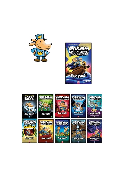 Köpek Adam 11 Kitap, Köpek Adam Serisi Tam Set + Kedi Çocuk 4 Kitap Set + Çıkartmalı Boyama