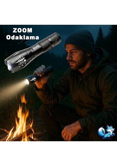 Güçlü Led El Feneri, 10w Ultra Parlak Işık, 5 Farklı Mod, Zoom Özellikli, Dayanıklı Aluminyum Gövde Genel