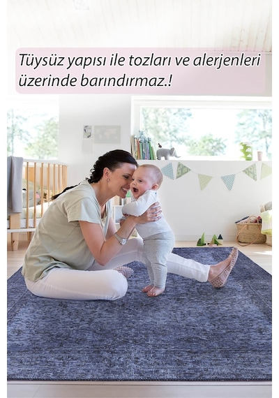 Folk Eskitme Desenli Dokuma Taban Dekoratif Mavi Halı Ba 08