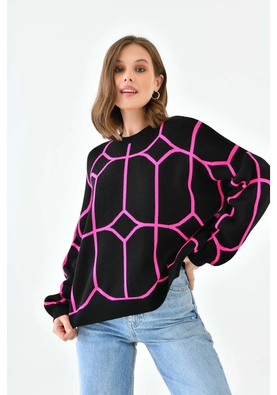 Park Karon Kadın Bisiklet Yaka Desenli Oversize Triko Kazak 224403 Siyah