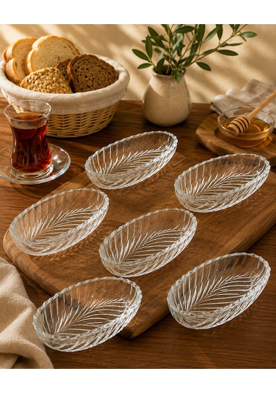 6 Lı Cam Kayık Tabak Kase Kahvaltılık Reçellik Oval Şeffaf