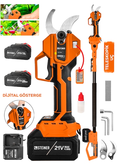 Steiner 30 Mm Dijital Kömürsüz Akülü Bağ Dal Ağaç Kesme Biçme Budama Şarjlı Makası Makinesi + Teleskop T4484