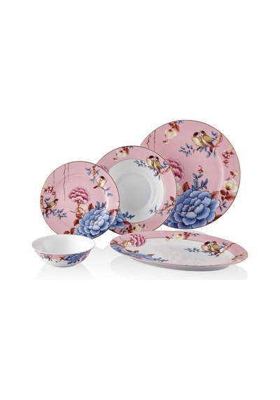 Floral Pink Porselen 27 Parça 6 Kişilik Yemek Takımı Kayık Tabaklı