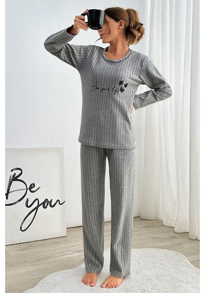 Zhlbutik Genç Baskılı İ Nterlok Pijama Takımı Açık Gri