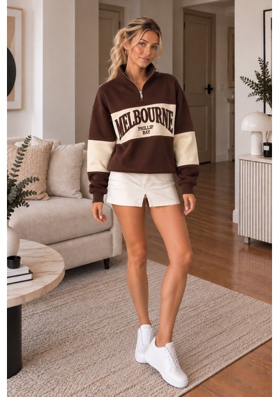 Lima Kahve Kadın Melbourne Baskılı Oversize Sweatshirt Yarım Fermuarlı Dik Yaka Uzun Kollu Sweat Lima Kahve Kadın Melbourne Baskılı Oversize Sweatshirt Yarım Fermuarlı Dik Yaka Uzun Kollu Sweat