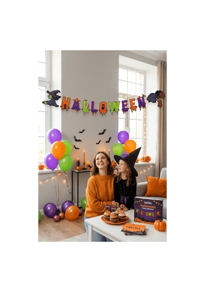 Halloween Cadı Şapkalı ''halloween'' Yazılı Banner - 2,70 Metre Cadılar Bayramı Kutlama Çok Renkli