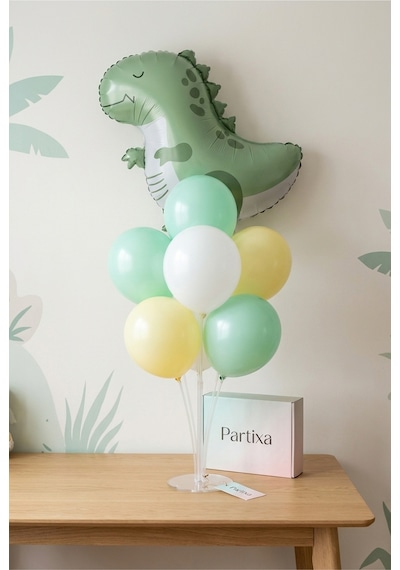 Mat Yeşil Retro Dinozor Balon Stand Seti Şeffaf 7 Li Stand + Mat Yeşil Dinozor Folyo Balon 55 54 Cm + 7 Lateks Balon