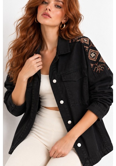 Saade Siyah Etnik İşlemeli Oversize Denim Ceket