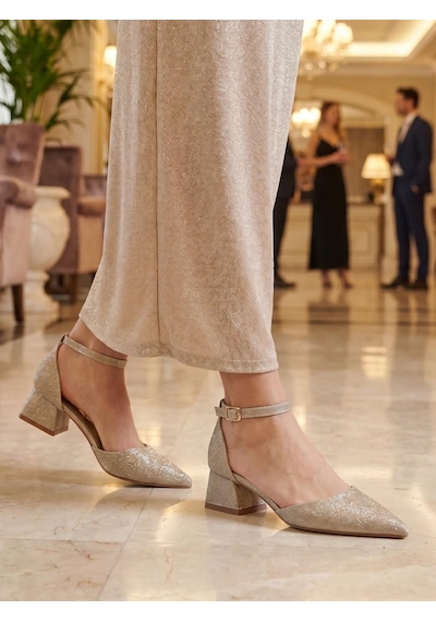 Nesilshoes Nesil Shoes Ermod 301 Altın Simli Topuklu Kadın Ayakkabı Altın Sim