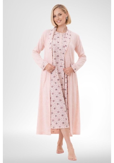 Mecit Pijama Mecit 6318 Pudra Büyük Beden Kadın Sabahlık Pijama Gecelik Set Pudra