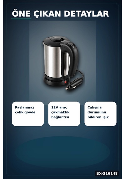 Araç İçi Su Isıtıcı Kettle - 12v Çakmaklık Girişli Paslanmaz Çelik Termos Bx-316148