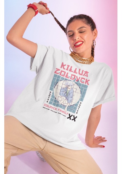 Sevbano Killua Zoldyck Zoldyck Family Baskılı Unisex Oversize Hunter X Hu Beyaz