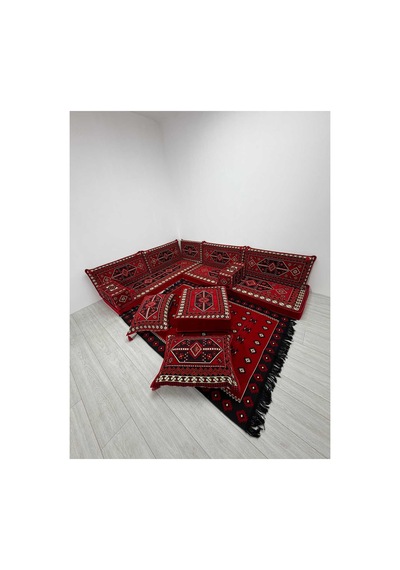Sedir Deseni Şark Köşesi Takımı Yer Minderi Seti Sünger Dahil 13 Parça Çökmeyen Sünger Kırmızı