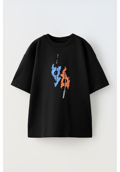 Thewert Unisex Mavi Ve Turuncu Samuray Kılılcı Tasarım Baskılı Pamuk Sıyah Oversize T-shirt Siyah
