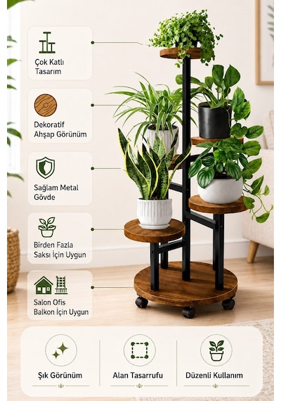 Metal 5 Katlı Tekerlekli Çiçeklik Saksılık Daire Model Dekoratif Bitki Rafı Ahşap