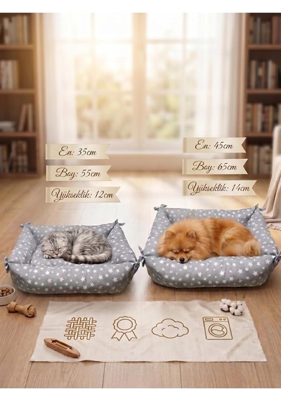 Lüx Kedi Köpek Yatağı, Yıldız Desenli, Gri, M Beden