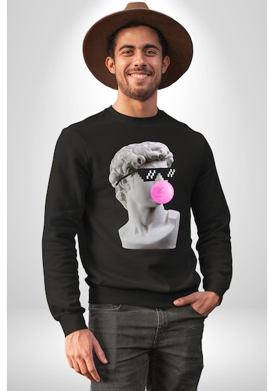 Gözlüklü David'in Kafasının Alçı Heykeli Unisex Siyah Sweatshirt Siyah