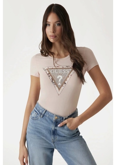 Guess Kadın Bej Desnli Üçgen Logolu T-shirt Pembe