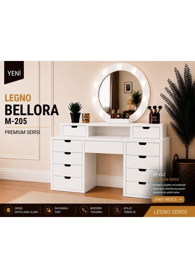 Legno Bellora Premıum Yuvarlak Aynalı Makyaj Masası Beyaz - Beyaz