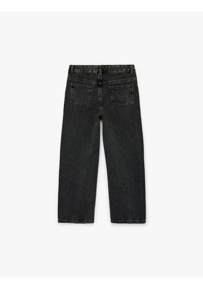 Koton Pamuklu Düğme Detaylı Beli Ayarlanabilir Lastikli Geniş Paça Denim Pantolon Siyah 7wkg40002ad