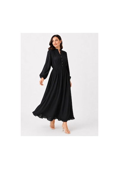 Hira Life Fashion Kadın Çilek Kumaş Ve Önü Düğmeli Eteği Fırfırlı Hakim Yaka Elbise Siyah Siyah Hira Life Fashion Kadın Çilek Kumaş Ve Önü Düğmeli Eteği Fırfırlı Hakim Yaka Elbise Siyah Siyah