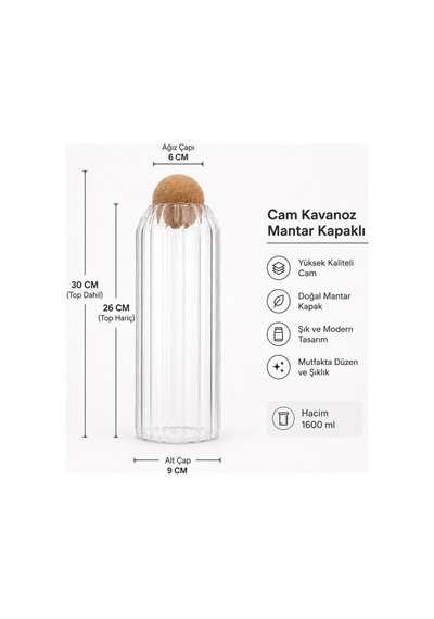 Kapaklı Şeffaf Cam Saklama Kavanozu 1600 Ml Şeffaf