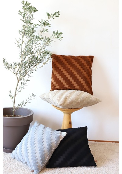 Bohem Özel Tasarım Punch Panç Desen Kare Dekoratif Kırlent Kılıfı 55x55 cm Zigzag Gri