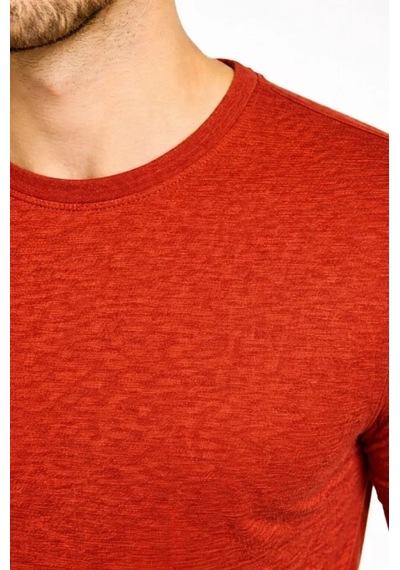 Defymoda Erkek Flam Kumaş Melanj Dokulu Regular Fit Tişört Bisiklet Yaka Yazlık T-shirt - Kiremit