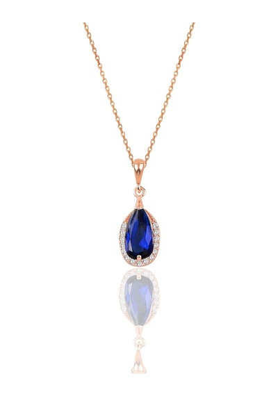 Gümüş Rose Safir ve Zirkon Taşlı Damla Modeli Kolye