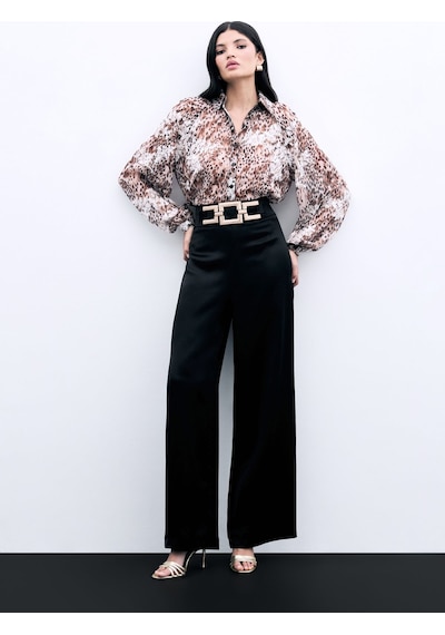 Sateen Bel Kemerli Saten Krep Pantolon - Siyah-135970 Siyah