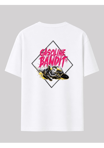 Black Nova Oversize Baskılı Unisex %100 Pamuk T-shirt Gasoline Bandit Beyaz