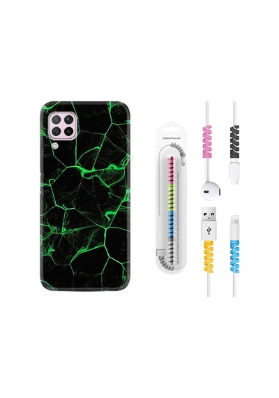 Huawei P40 Lite Kılıf Kablo Koruyuculu Yeşil Şerit Mermer 1320