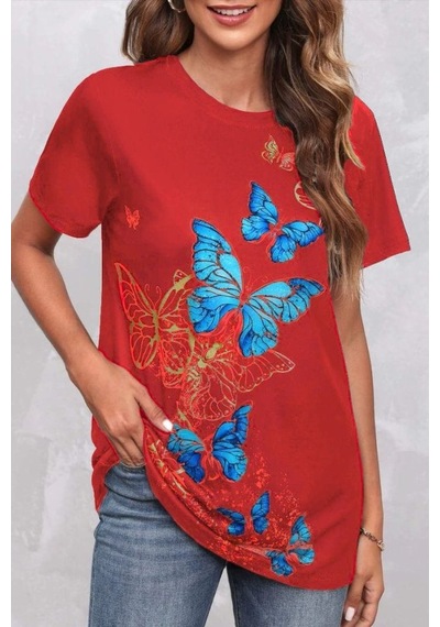 Hazego Kadın Kısa Kollu Mavi Sarı Kelebek Baskı Süprem T-shirt Kırmızı