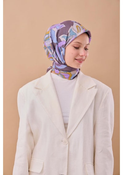 Silk Home Olinda İpek Eşarp 47003-11 Füme, Yanık Sarı, Lila, Çelik Mavi