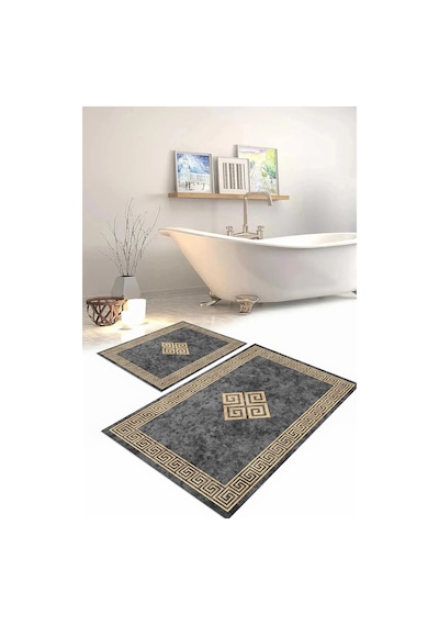 Buççin Online Mağaza Dijital Baskılı Yıkanabilir Çerçeveli Klasik Model Banyo Paspası Klozet Takımı Polyester Bej Çok Renkli
