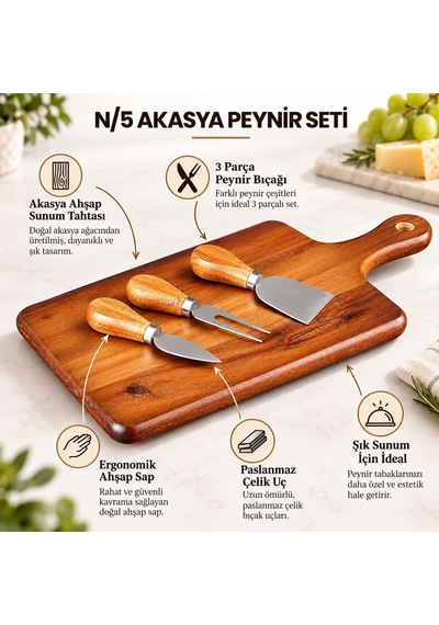 Akasya Peynir Sunum Seti Ahşap Servis Tahtası Ve 3 Parça Peynir Bıçağı Diğer