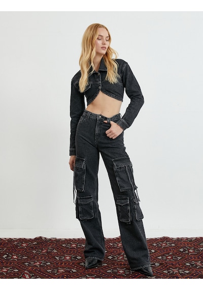 Koton Crop Kot Ceket Slim Fit Asimetrik Kesim Pamuklu Siyah 4wal50047md Siyah