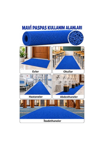 Hortumtech Kıvırcık Paspas Kir Tutucu Pvc Kapı Önü İç Dış Mekan Eko 12 Mm - Mavi 100 X 900 Cm