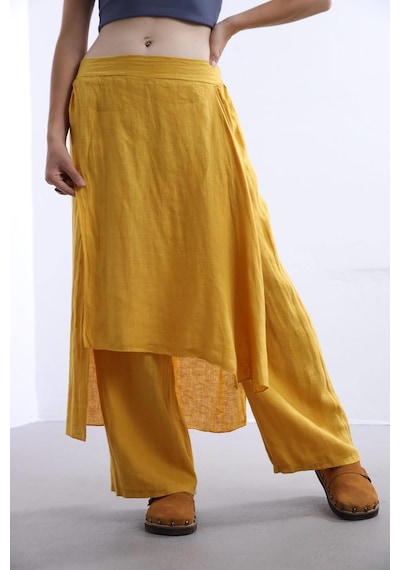 Bohem Stil İtalyan Ham Keten Pantolon Etek-8747 Hardal