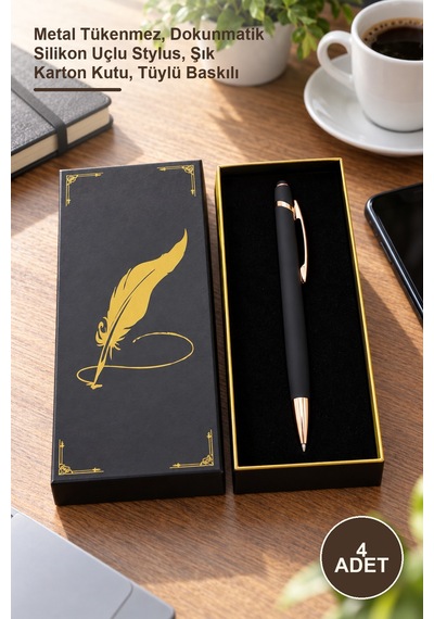 4 Adet Siyah Rubber Touchpen Kalem Metal Tükenmez, Dokunmatik Silikon Uçlu Stylus, Şık Karton Kutu, Tüylü Baskılı 1