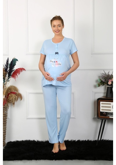Akbeniz Kadın Kısa Kol Hamile Lohusa Pijama Takımı Mavi 45210-mavi