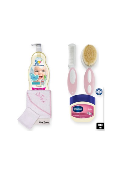 Yenidoğan Bakım Hediye Seti 4 Parça: Kundak Havlu + Şampuan + Bakım Kremi + Tarak-fırça - Pembe