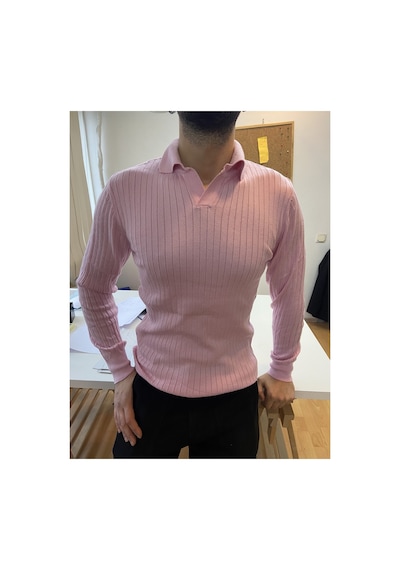 Cool Tarz Pembe Erkek Polo Yaka Fitilli Triko Kazak Pembe Pembe