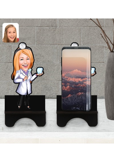 Kişiye Özel Kadın Diş Hekimi Karikatürlü Ahşap Biblo Telefon Stan