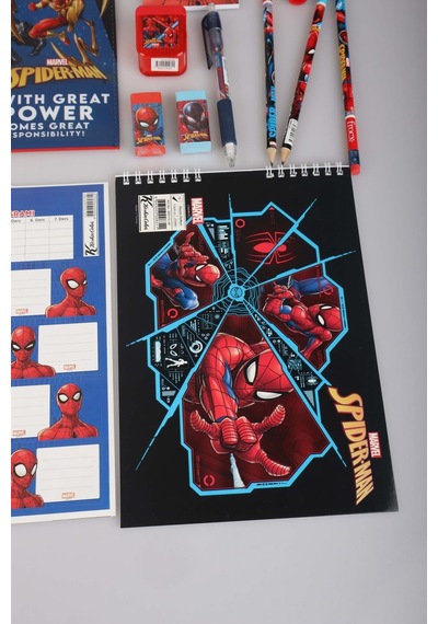 Spiderman Lisanslı 14 Parça Kırtasiye Seti, Çıtçıt Dosya, Okul Etiketi, Bloknot, Kurşun Kalem, Kırmızı